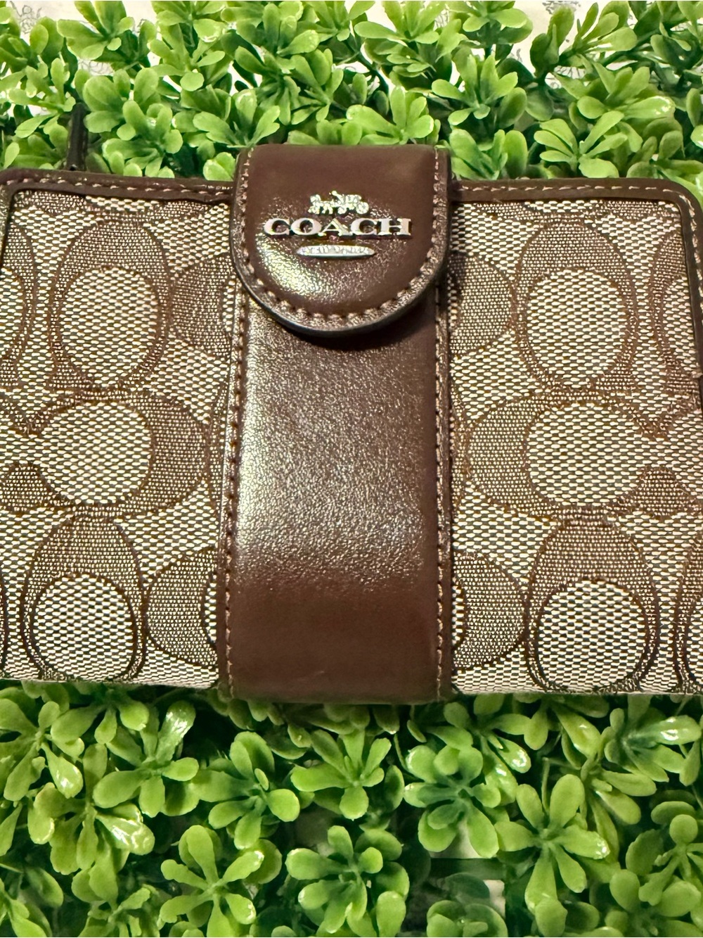 Coach Brown Signature Canvas Wallet with Leather Trim
